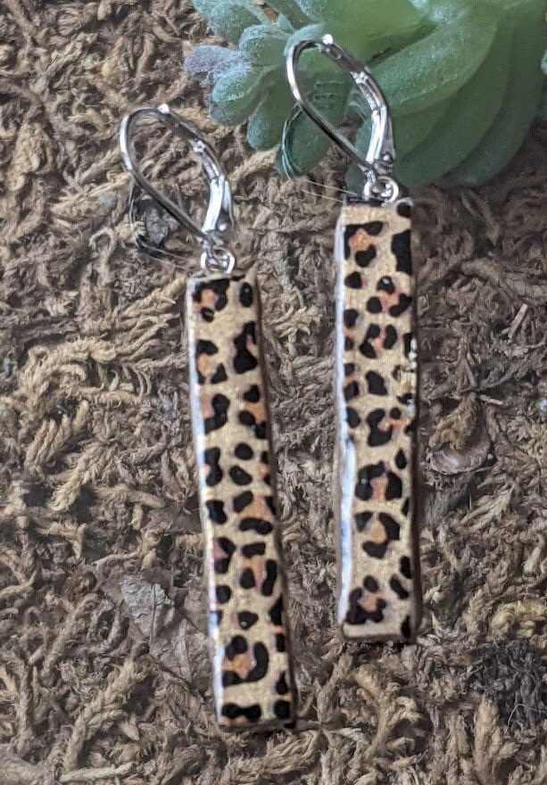 Leopard Print Bar Earrings REVERSIBLE Silver or Gold Background Stick Dangle 037