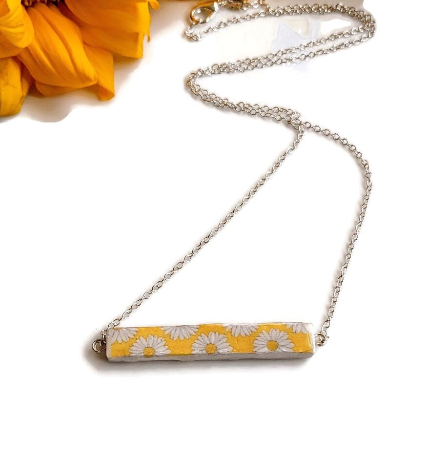 Daisy Bar Necklace and Earrings Yellow and White Summer Jewelry Gift Set for Her - REVERSIBLE