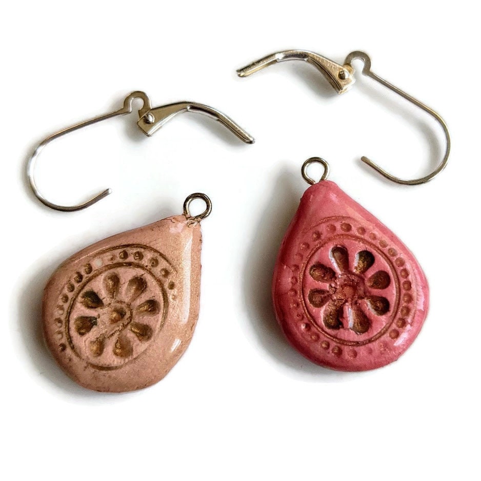 Coral Pink Teardrop Earrings REVERSIBLE Ceramic with Boho Mandala Design 019