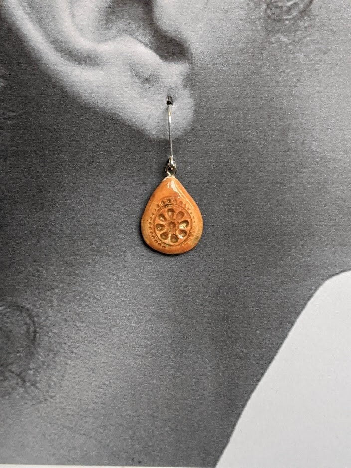 Carnelian Teardrop Carnation Pink REVERSIBLE Ceramic Dangle Earrings 042