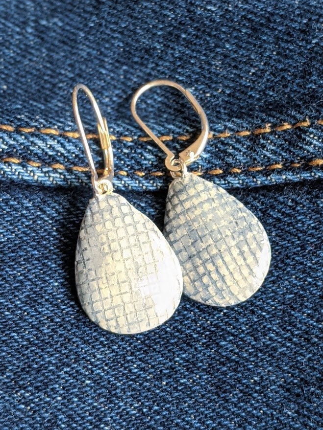 Denim Teardrop REVERSIBLE Dangle Earrings Ceramic Blue Jeans 031