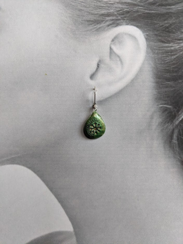 Jade Green Mandala Teardrop Earrings REVERSIBLE Ceramic Handmade Dangles 021