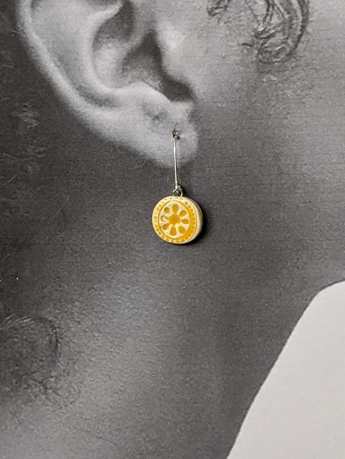 Mandala Ceramic Drop Ornament Earrings Earth Brown and Honey Yellow 058