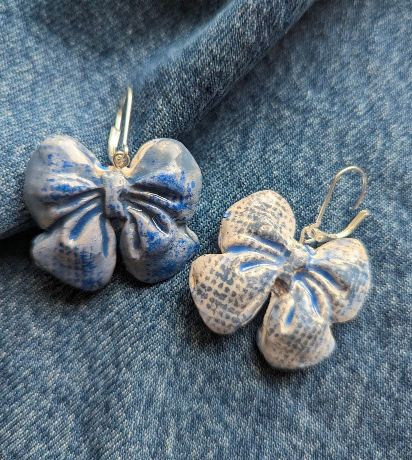 Denim Ceramic Bow Earrings REVERSIBLE Dark and Stonewashed