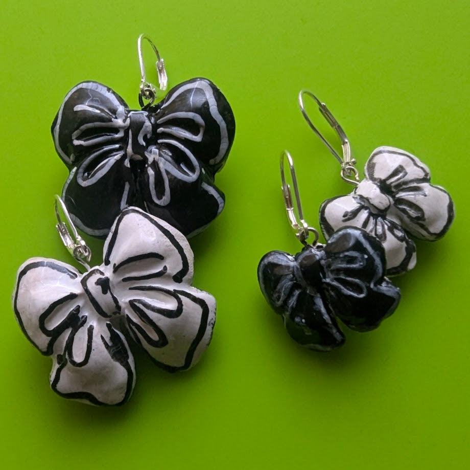 Black and White 2-D Cartoon REVERSIBLE Graphic Statement Bow Earrings