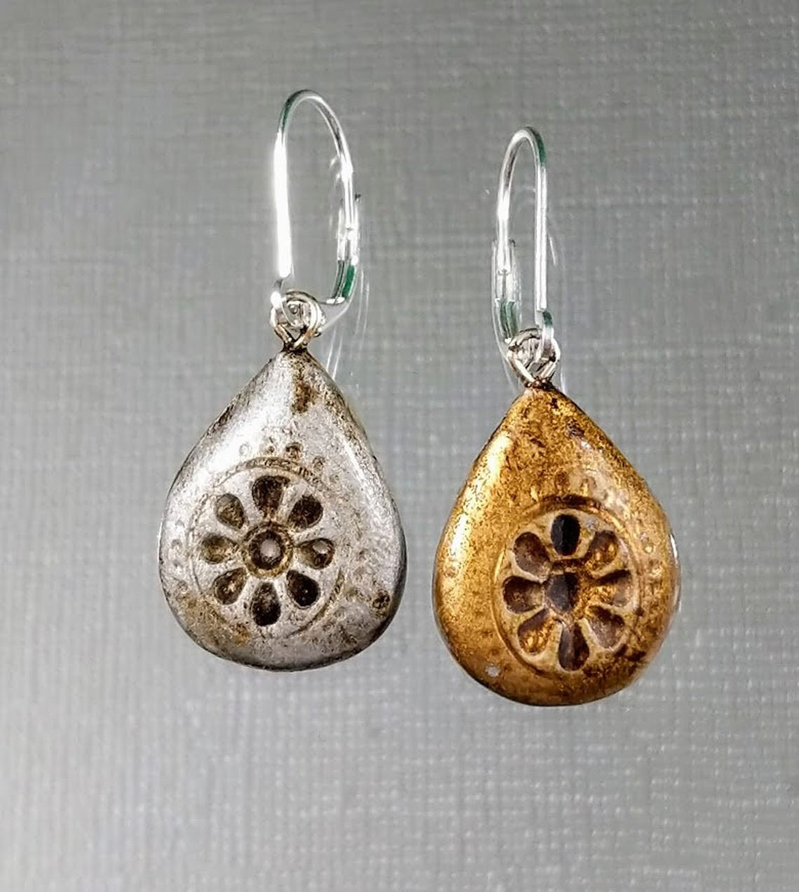 Tibetan Silver or Rustic Bronze REVERSIBLE Teardrop Dangle Earrings