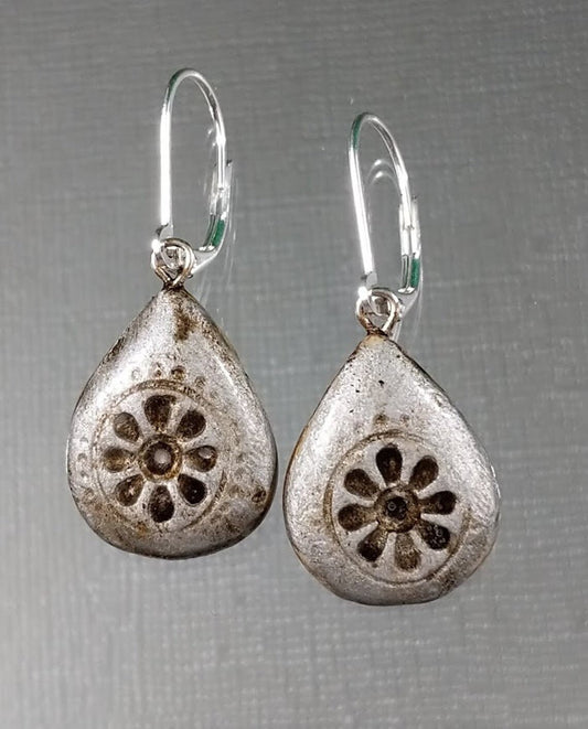 Tibetan Silver or Rustic Bronze REVERSIBLE Teardrop Dangle Earrings