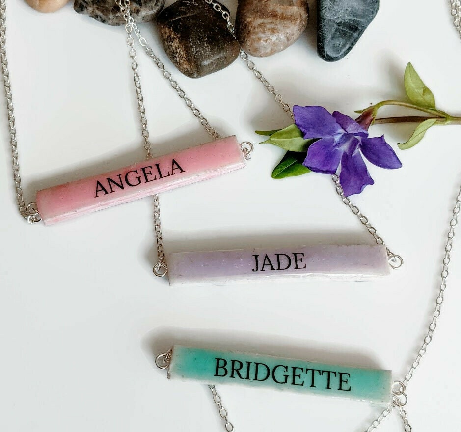 Girl Boss Lady Boss Babe Personalized Porcelain Bar Necklace in Pink Purple Aqua Blue