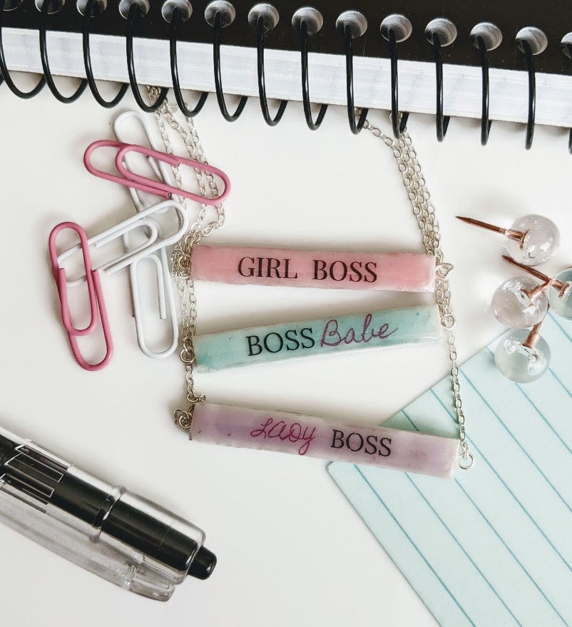 Girl Boss Lady Boss Babe Personalized Porcelain Bar Necklace in Pink Purple Aqua Blue