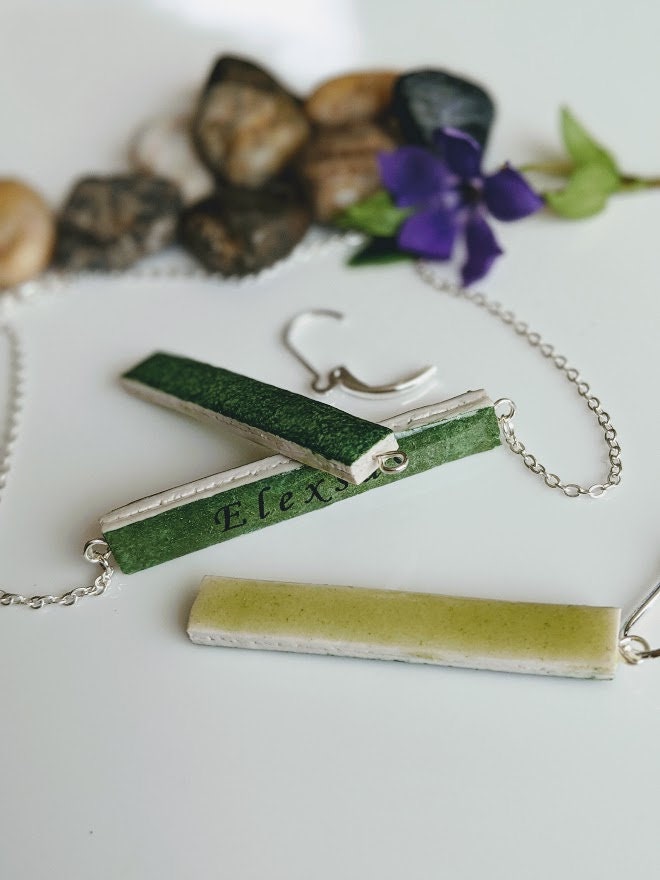 REVERSIBLE Bar Necklace Earrings Set Personalized Emerald Green Ceramic Bar Jewelry Gift for Mom