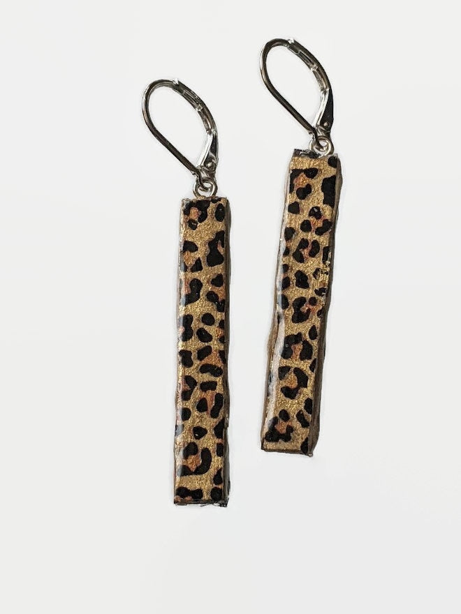 Cheetah Print Bar Earrings REVERSIBLE Silver or Gold Background Stick Dangle 037