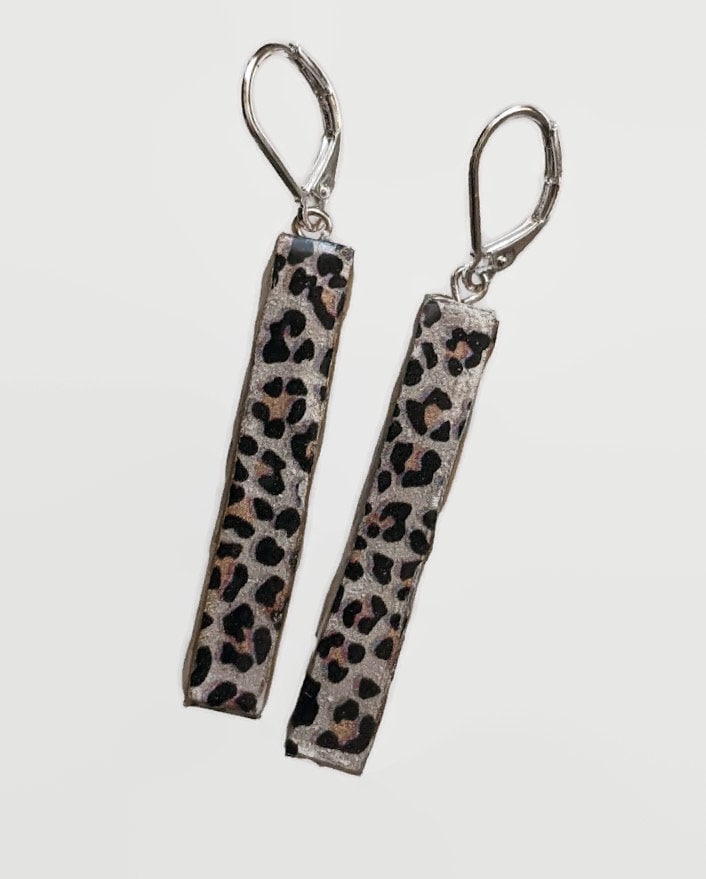 Cheetah Print Bar Earrings REVERSIBLE Silver or Gold Background Stick Dangle 037