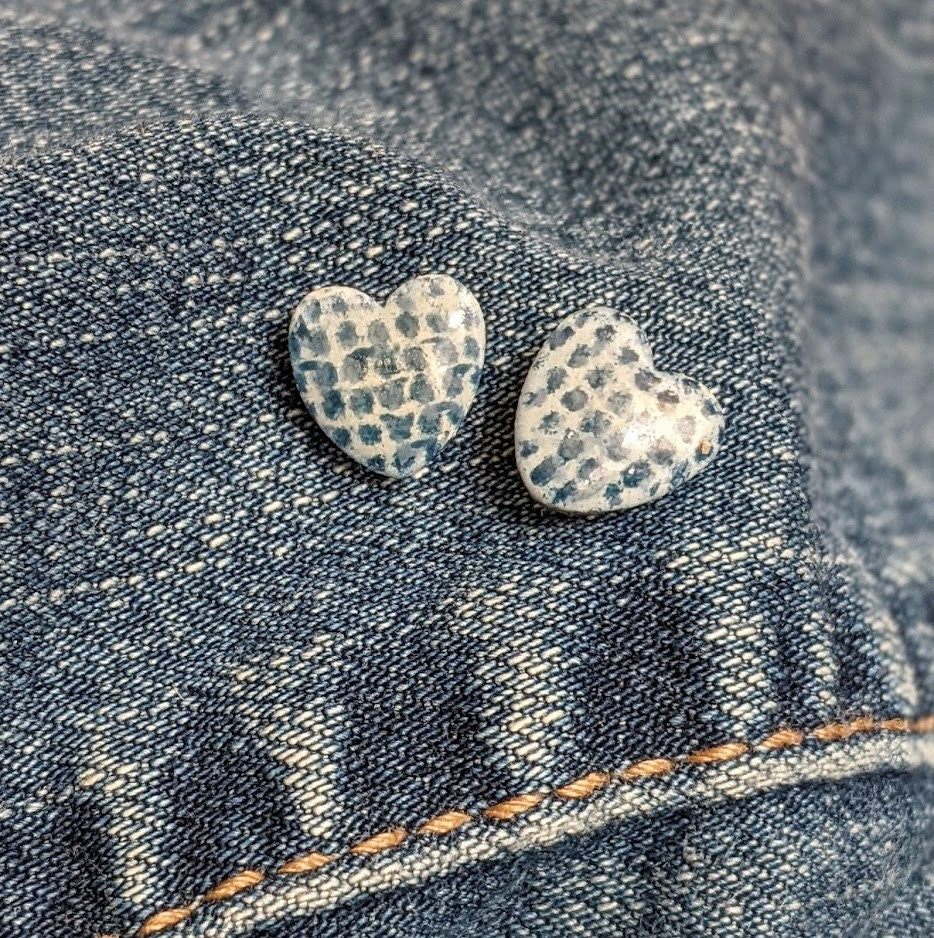 Yellow Denim Heart Studs Handmade Ceramic Gift - or Blue Denim