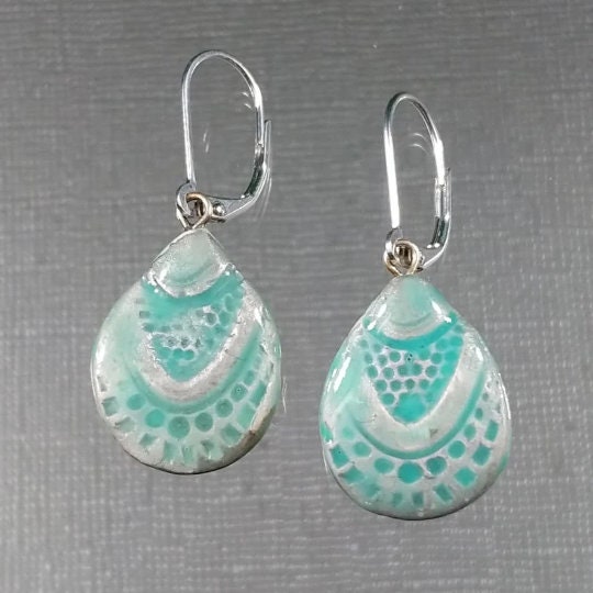 Teardrop Earrings REVERSIBLE Gold Silver Turquoise Ceramic Seashell Dangle Drop Earrings 038