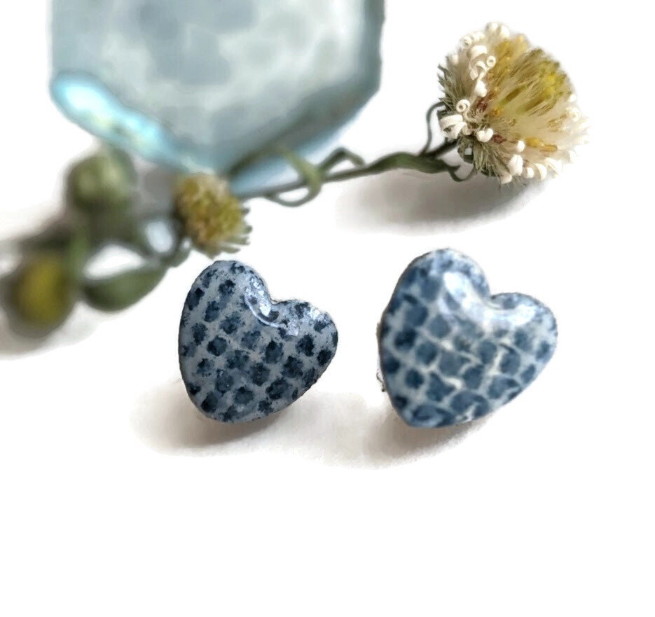 Yellow Denim Heart Studs Handmade Ceramic Gift - or Blue Denim