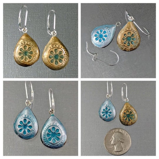 Teardrop Earrings REVERSIBLE Handmade Embossed Ceramic Pear shaped 027