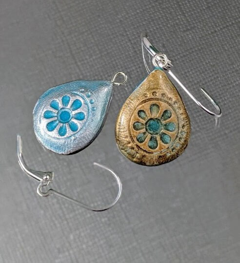 Teardrop Earrings REVERSIBLE Handmade Embossed Porcelain 027