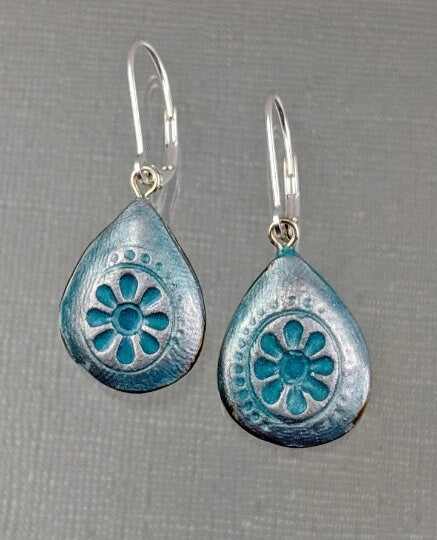 Teardrop Earrings REVERSIBLE Handmade Embossed Porcelain 027