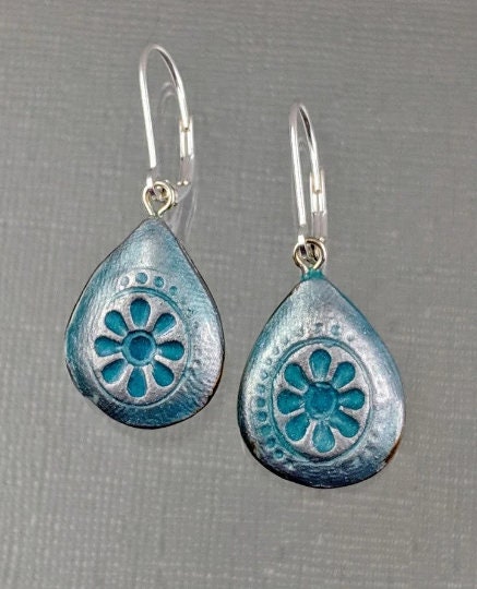 Teardrop Earrings REVERSIBLE Handmade Embossed Ceramic Pear shaped 027