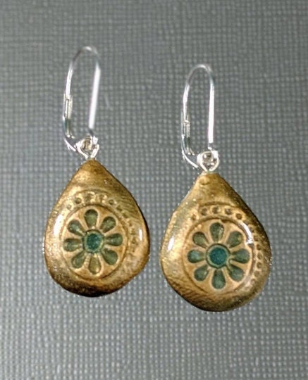 Teardrop Earrings REVERSIBLE Handmade Embossed Ceramic Pear shaped 027