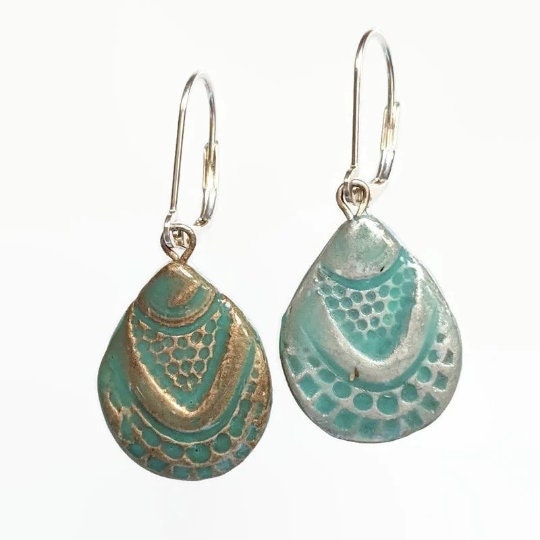 Teardrop Earrings REVERSIBLE Gold Silver Turquoise Ceramic Seashell Dangle Drop Earrings 038