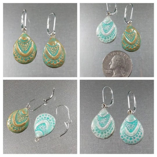 Teardrop Earrings REVERSIBLE Gold Silver Turquoise Ceramic Seashell Dangle Drop Earrings 038