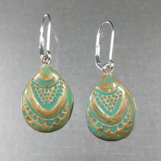 Teardrop Earrings REVERSIBLE Gold Silver Turquoise Ceramic Seashell Dangle Drop Earrings 038