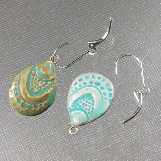 Teardrop Earrings REVERSIBLE Gold Silver Turquoise Ceramic Seashell Dangle Drop Earrings 038