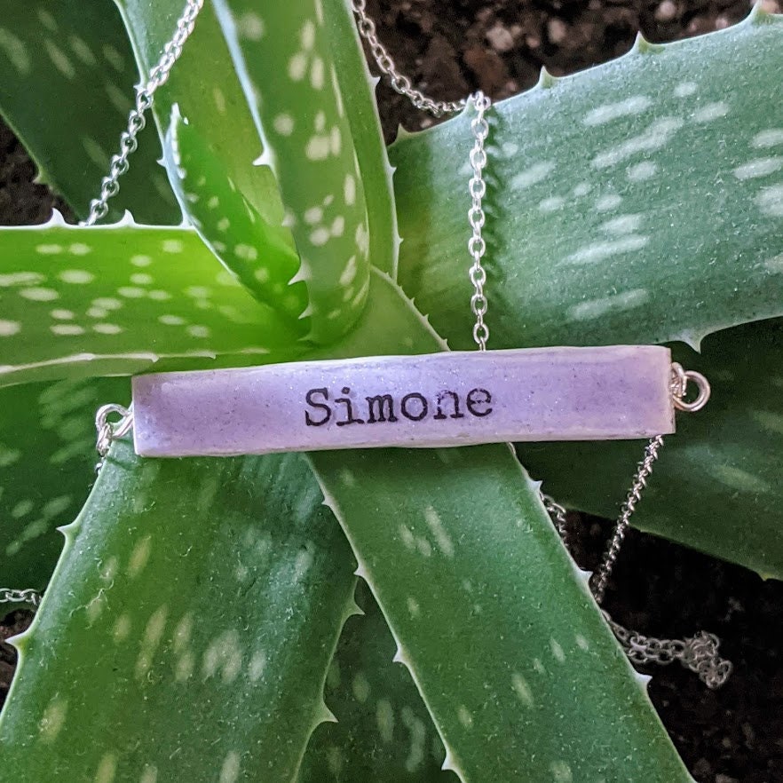 Personalized Name Necklace REVERSIBLE Ceramic Bar Clay Pendant