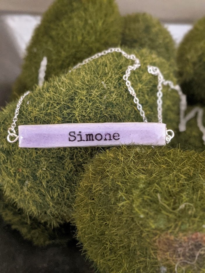 Personalized Name Necklace REVERSIBLE Ceramic Bar Clay Pendant