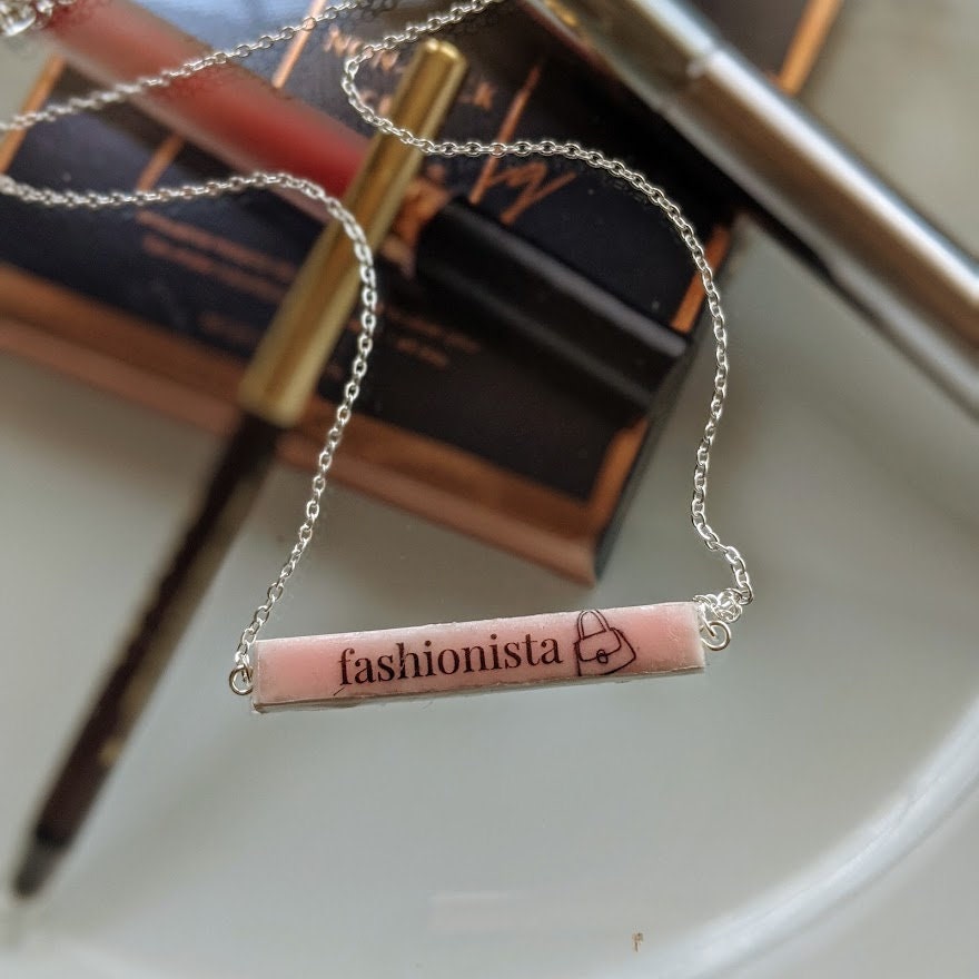 Pink Personalized Bar Necklace Custom Name Ceramic Tile REVERSIBLE Pendant