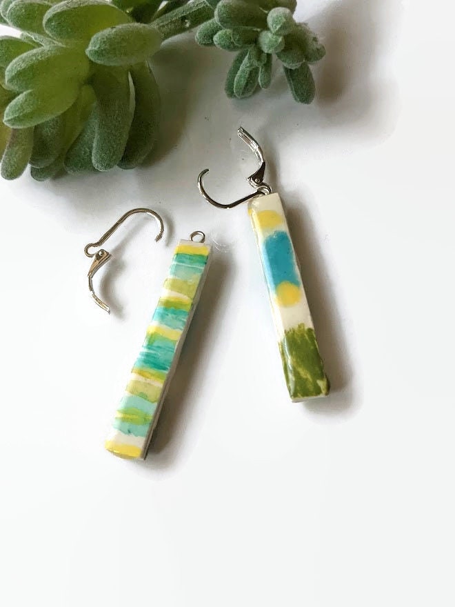 REVERSIBLE Bar Earrings Ceramic Enamel Striped Stick Earrings Blue Green Yellow 006