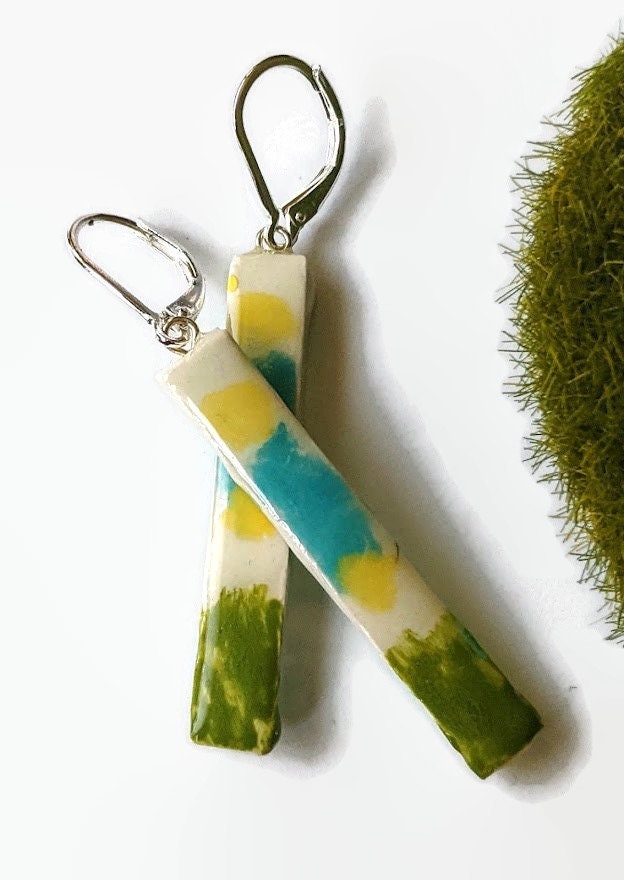 REVERSIBLE Bar Earrings Ceramic Enamel Striped Stick Earrings Blue Green Yellow 006