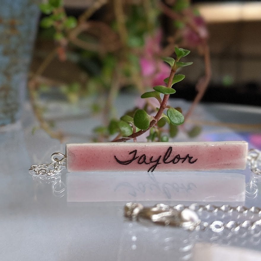 Personalized Bar Necklace Ceramic Custom Name REVERSIBLE Colorful Cursive Script Font