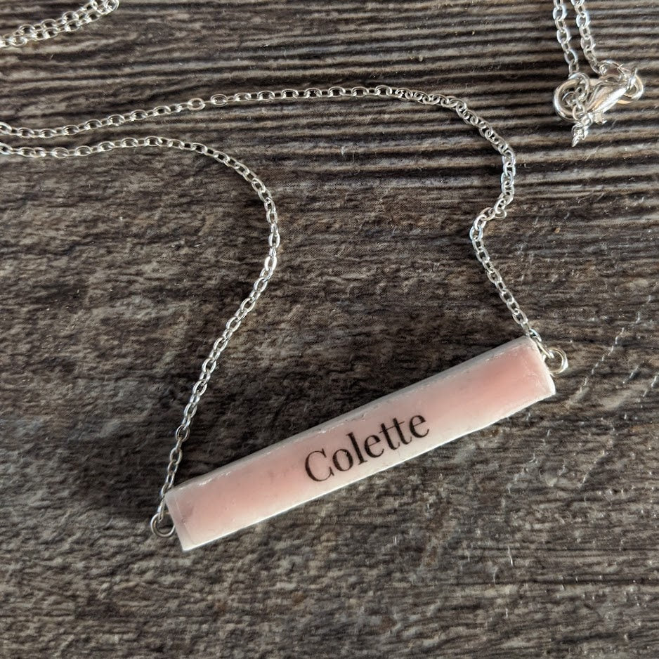 Pink Personalized Bar Necklace Custom Name Ceramic Tile REVERSIBLE Pendant