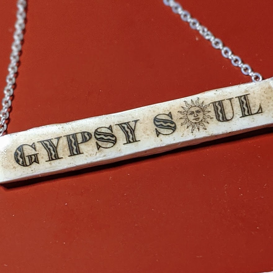 Personalized Ceramic Bar Stone Necklace REVERSIBLE Gypsy Soul Tile Pendant