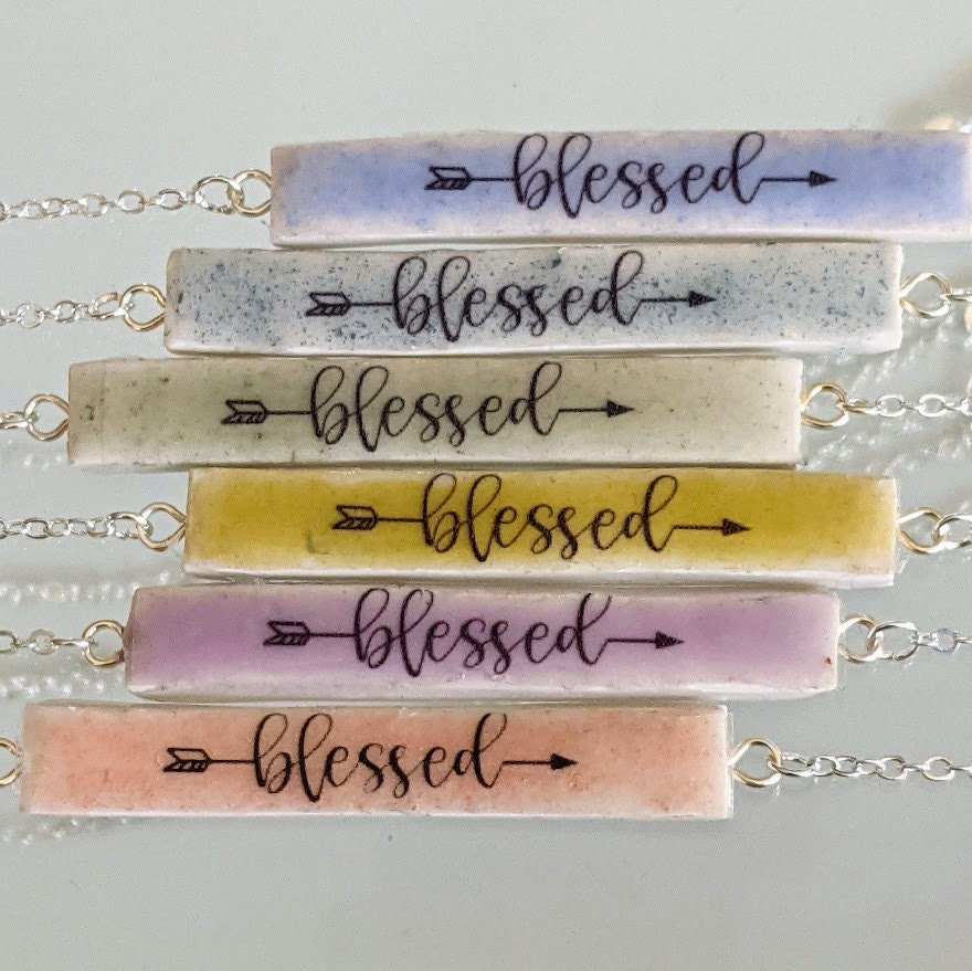 Personalized Name Bar Necklace Custom Ceramic Blessed REVERSIBLE Statement Jewelry