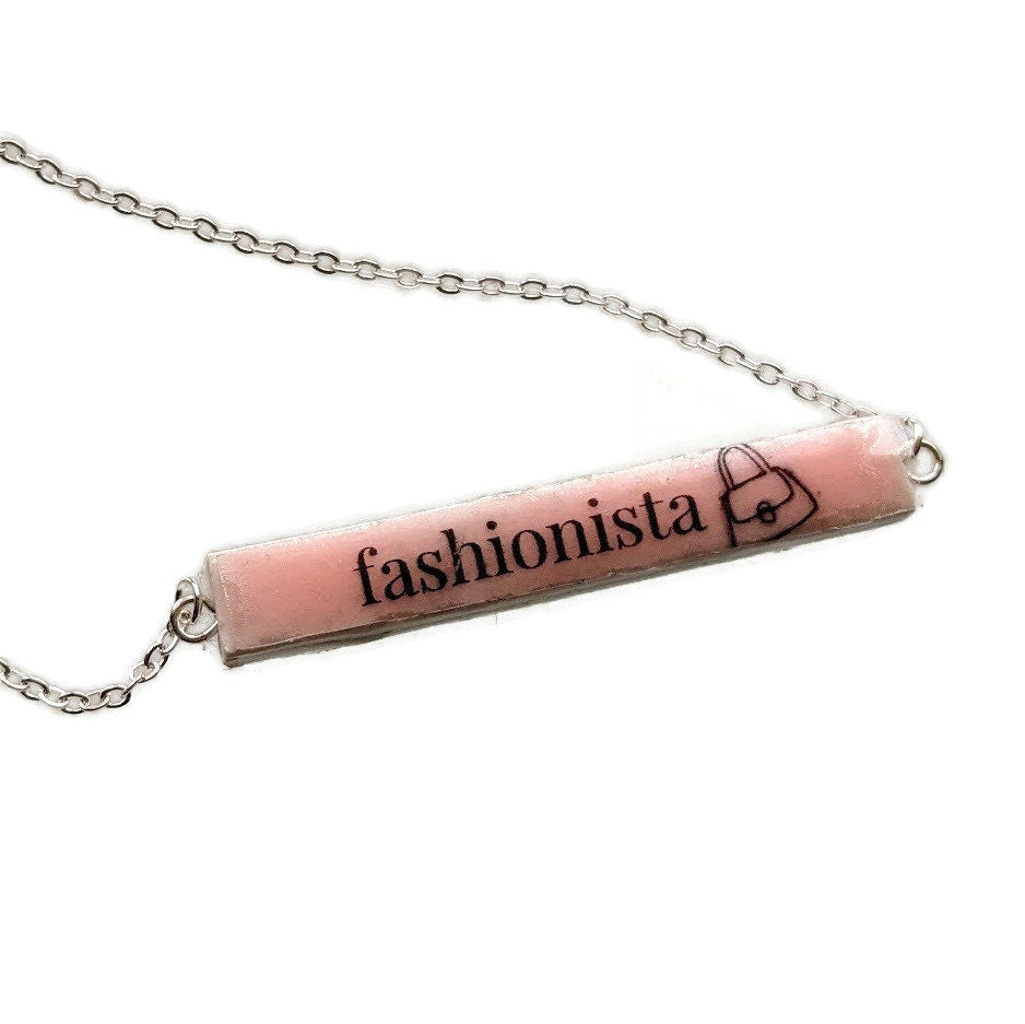 Pink Personalized Bar Necklace Custom Name Ceramic Tile REVERSIBLE Pendant