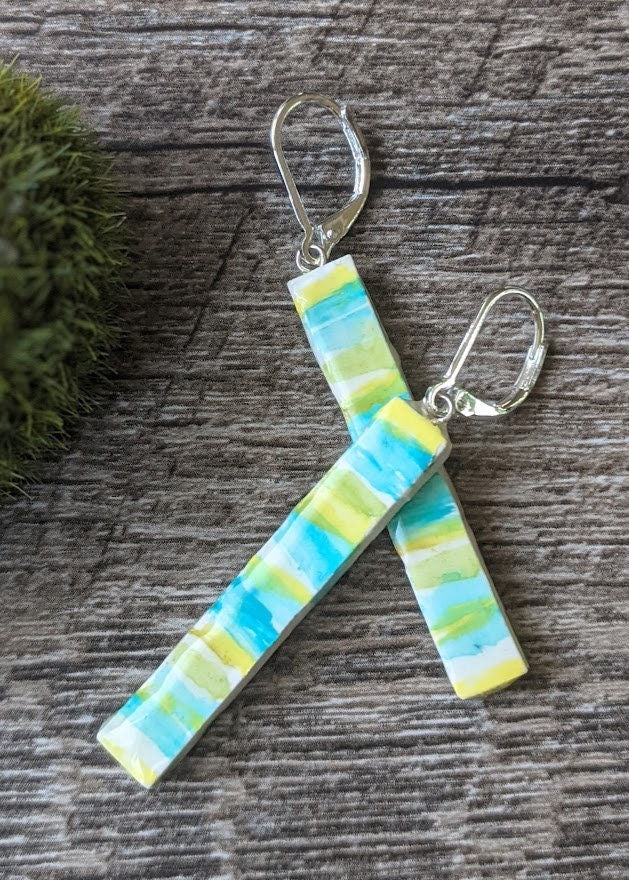 REVERSIBLE Bar Earrings Ceramic Enamel Striped Stick Earrings Blue Green Yellow 006