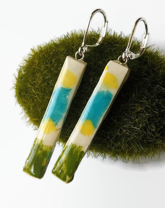 REVERSIBLE Bar Earrings Ceramic Enamel Striped Stick Earrings Blue Green Yellow 006