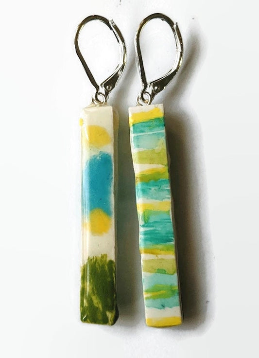 REVERSIBLE Bar Earrings Ceramic Enamel Striped Stick Earrings Blue Green Yellow 006