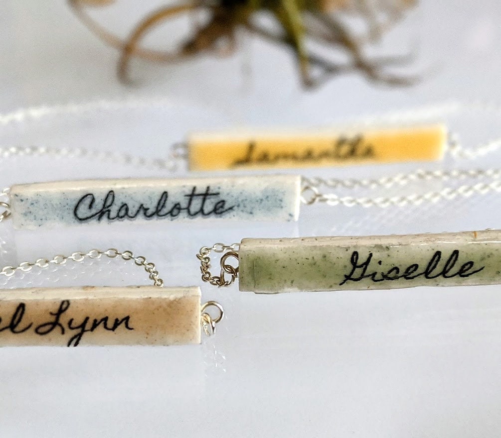 Personalized Bar Necklace Ceramic Custom Name REVERSIBLE Colorful Cursive Script Font