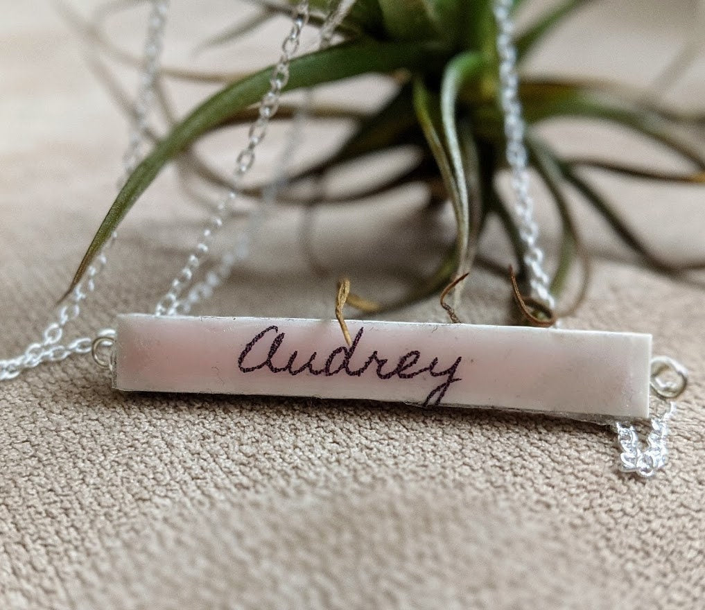 Personalized Bar Necklace Ceramic Custom Name REVERSIBLE Colorful Cursive Script Font