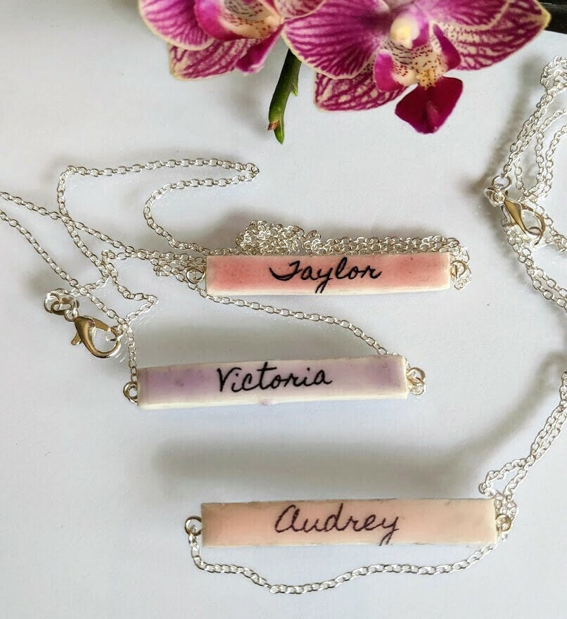 Personalized Bar Name Necklace Ceramic Custom REVERSIBLE Colorful Gift for Bridesmaid