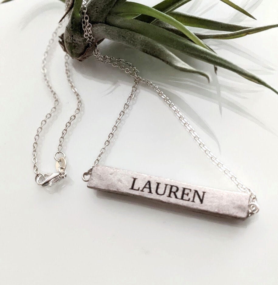 Personalized Bar Name Necklace Custom Champagne Satin Nickel finish