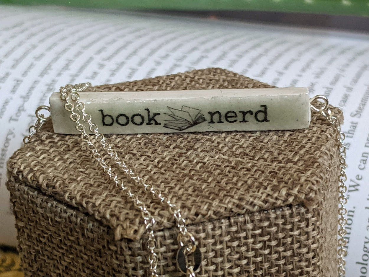 Personalized Bar Name Necklace Custom Book Nerd REVERSIBLE Pendant Gift for Book Lover