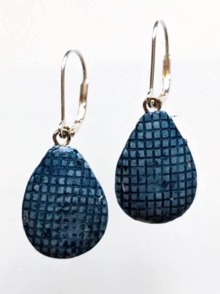 Blue Denim Jeans Teardrop REVERSIBLE Dangle Earrings 031