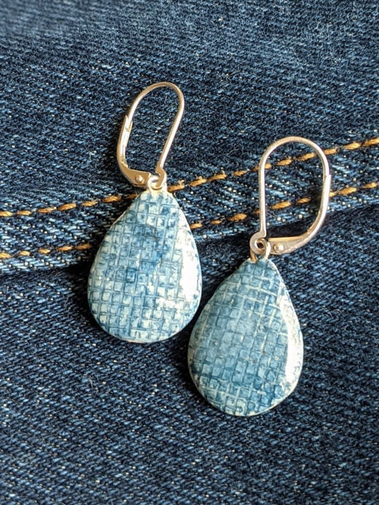 Blue Denim Jeans Teardrop REVERSIBLE Dangle Earrings 031