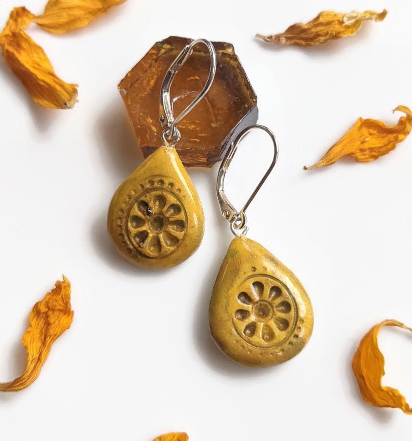 Boho Mandala Teardrop Earrings Ceramic REVERSIBLE Yellow Dangles 032