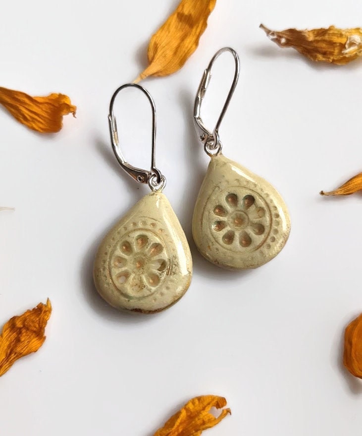 Boho Mandala Teardrop Earrings Ceramic REVERSIBLE Yellow Dangles 032